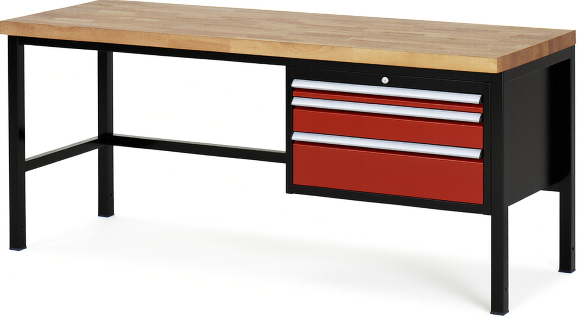 RAU Werkbank schwarz - rot - Breite 200 cm - Tiefe 70 cm - Höhe 104 cm - Buche-Massiv Arbeitsplatte 40 mm