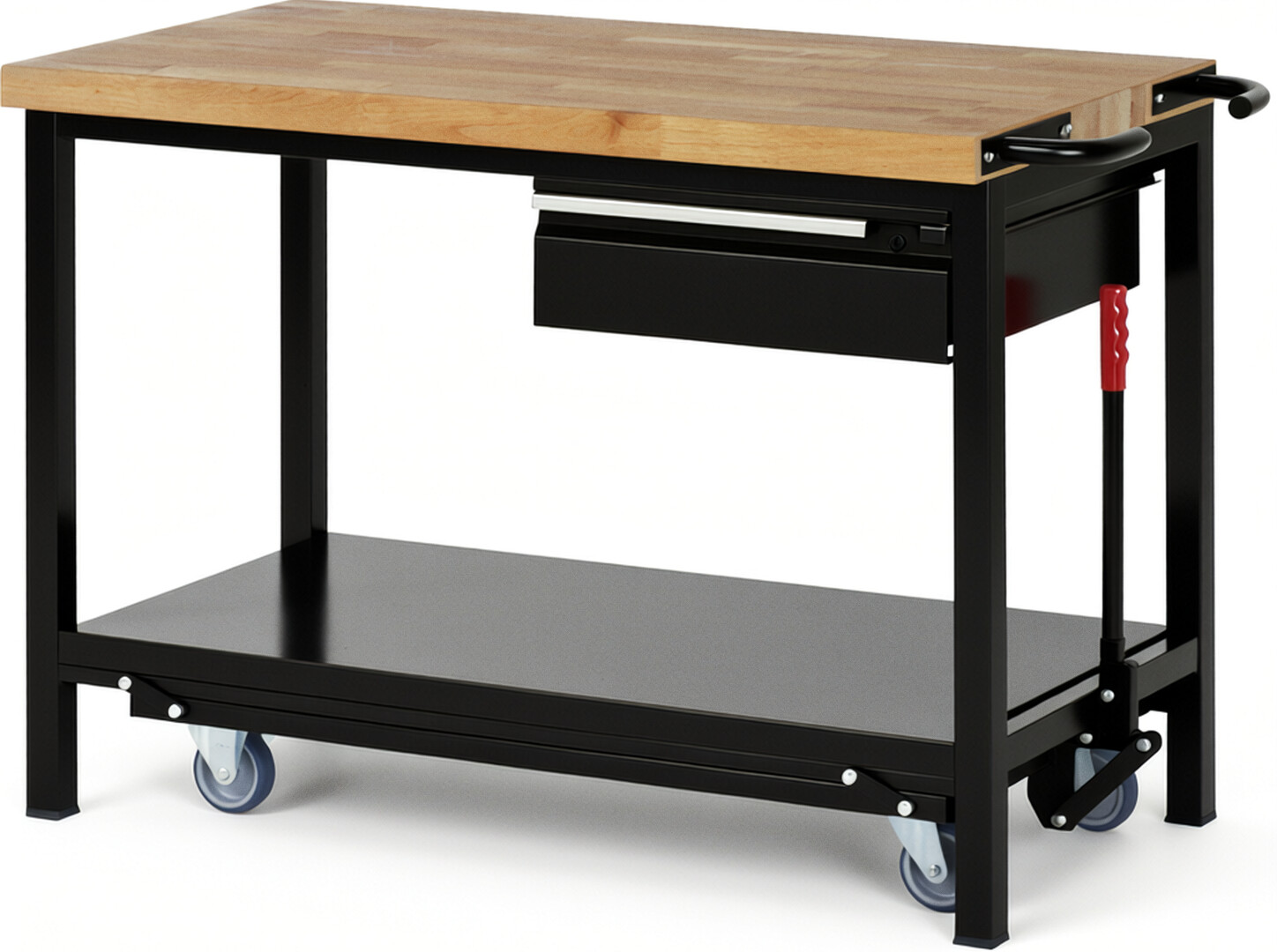 Absenkbare Werkbank - Modell 8001 BASIC schwarz, BxTxH 1250x700x880 mm,  Buche-Massiv Arbeitsplatte 40 mm,  1 Schublade mit  Auszug 90 %