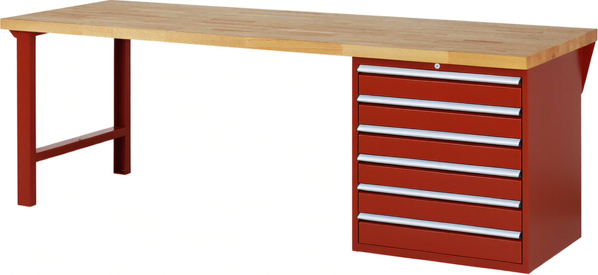 RAU Werkbank rot - Breite 250 cm - Tiefe 90 cm - Höhe 84 cm - Buche-Massiv Arbeitsplatte 40 mm