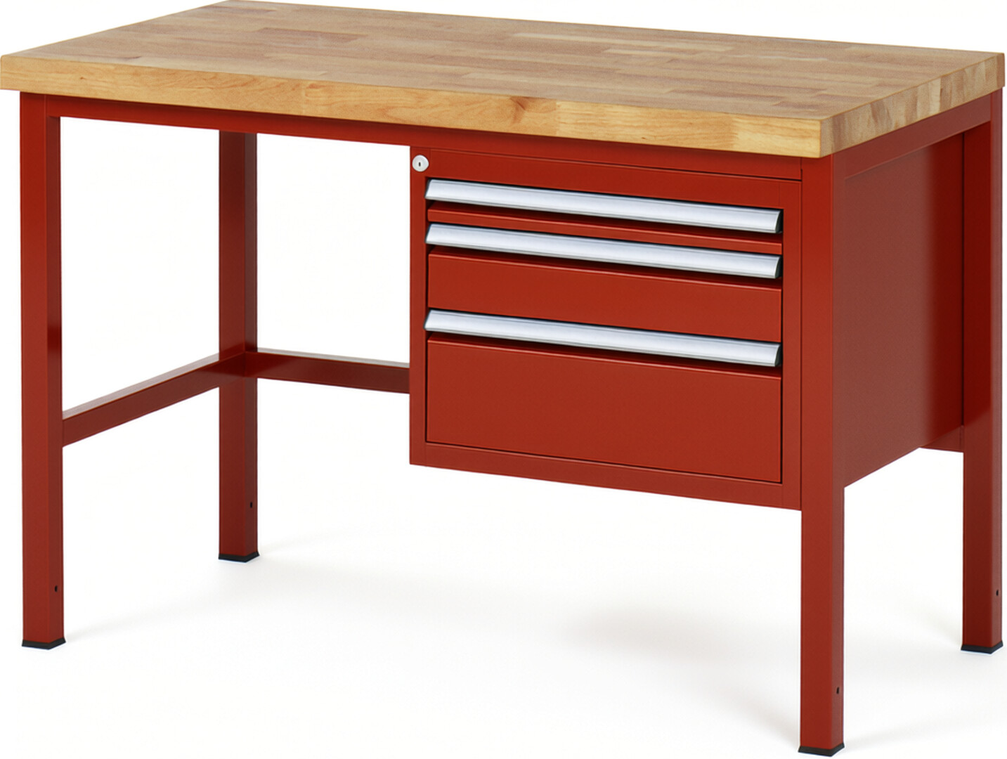 Werkbank Modell 8126 rot, BxTxH 1250x700x840 mm,  Buche-Massiv Arbeitsplatte 40 mm,  3 Schubladen mit  Auszug 90 %