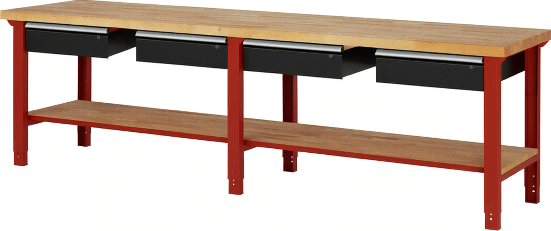 Werkbank Modell 7002 rot - schwarz, BxTxH 3000x700x790-1140 mm,  Buche-Massiv Arbeitsplatte 40 mm,  4 Schubladen mit  Auszug 90 %