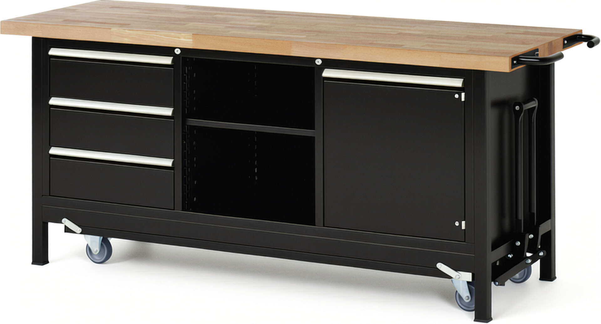 Absenkbare Werkbank Modell 8563 schwarz, BxTxH 2000x700x880 mm,  Buche-Massiv Arbeitsplatte 40 mm,  3 Schubladen mit  Vollauszug 100 % und  SoftClosing