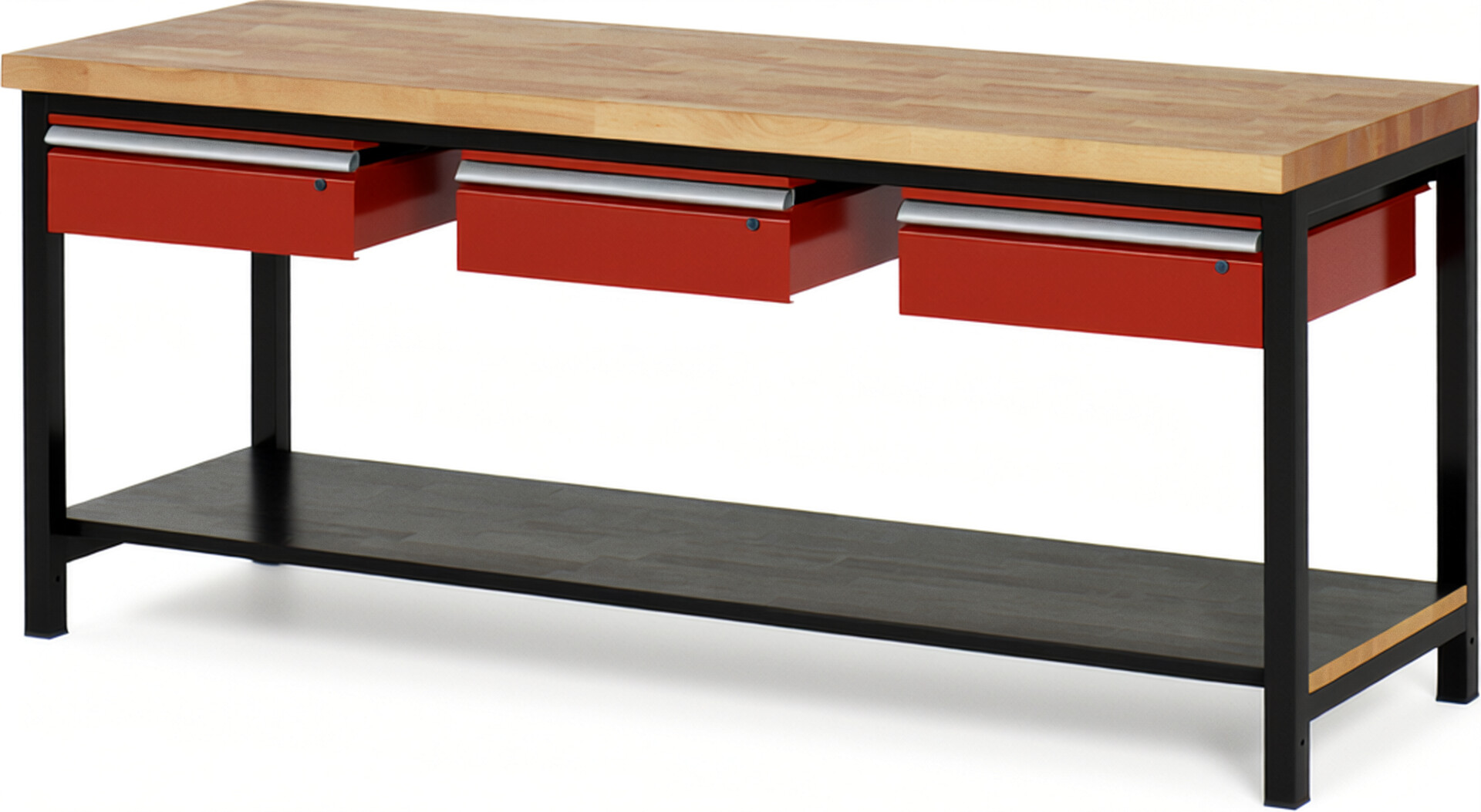 RAU Werkbank schwarz - rot - Breite 200 cm - Tiefe 70 cm - Höhe 104 cm - Buche-Massiv Arbeitsplatte 40 mm