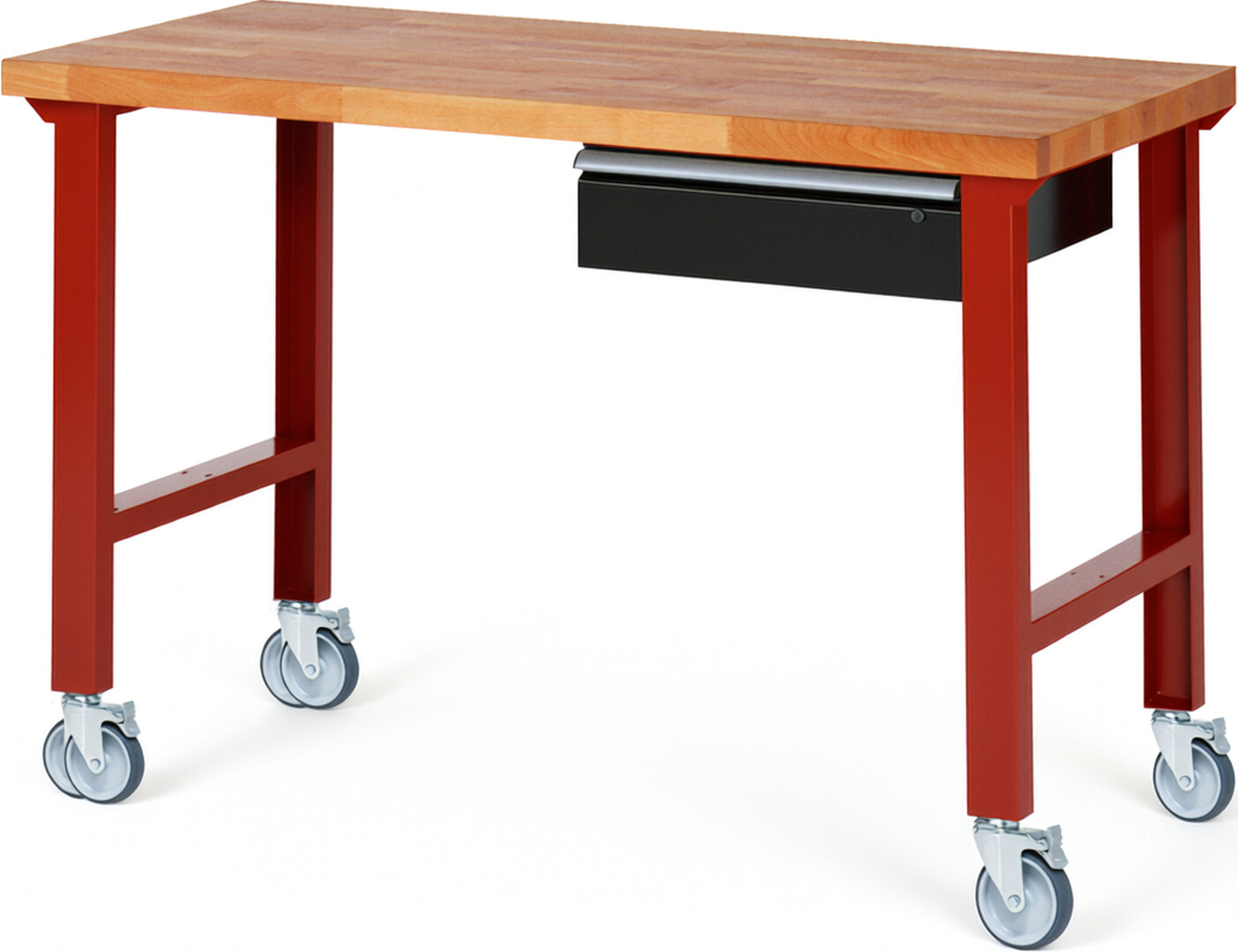 Fahrbare Werkbank Modell 7001 rot - schwarz, BxTxH 1500x700x1000 mm,  Buche-Massiv Arbeitsplatte 40 mm,  1 Schublade mit  Auszug 90 %