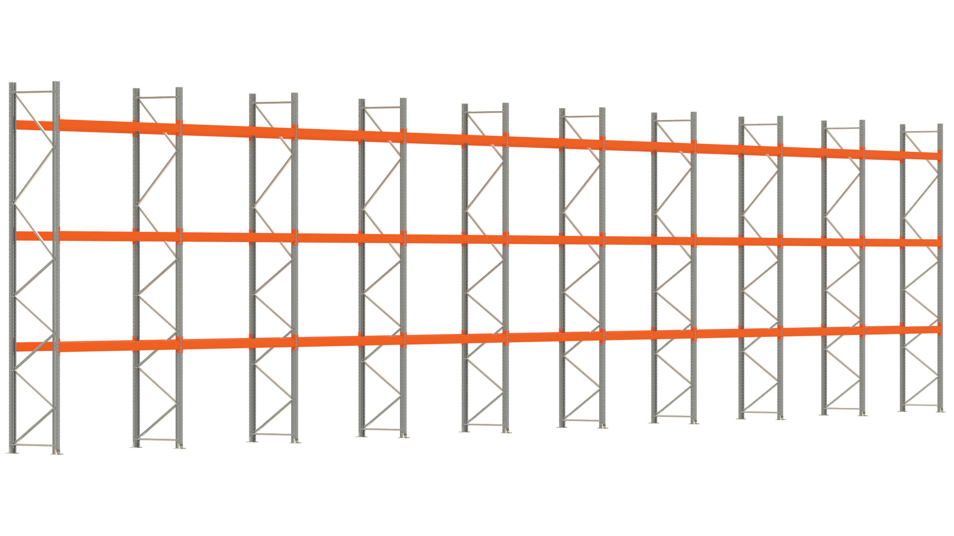 Palettenregal ARTUS - Breite 2515 cm - Höhe 500 cm - Tiefe 80 cm - 3 Träger-Ebenen - Fachlast 3000 kg - 72 Palettenstellplätze