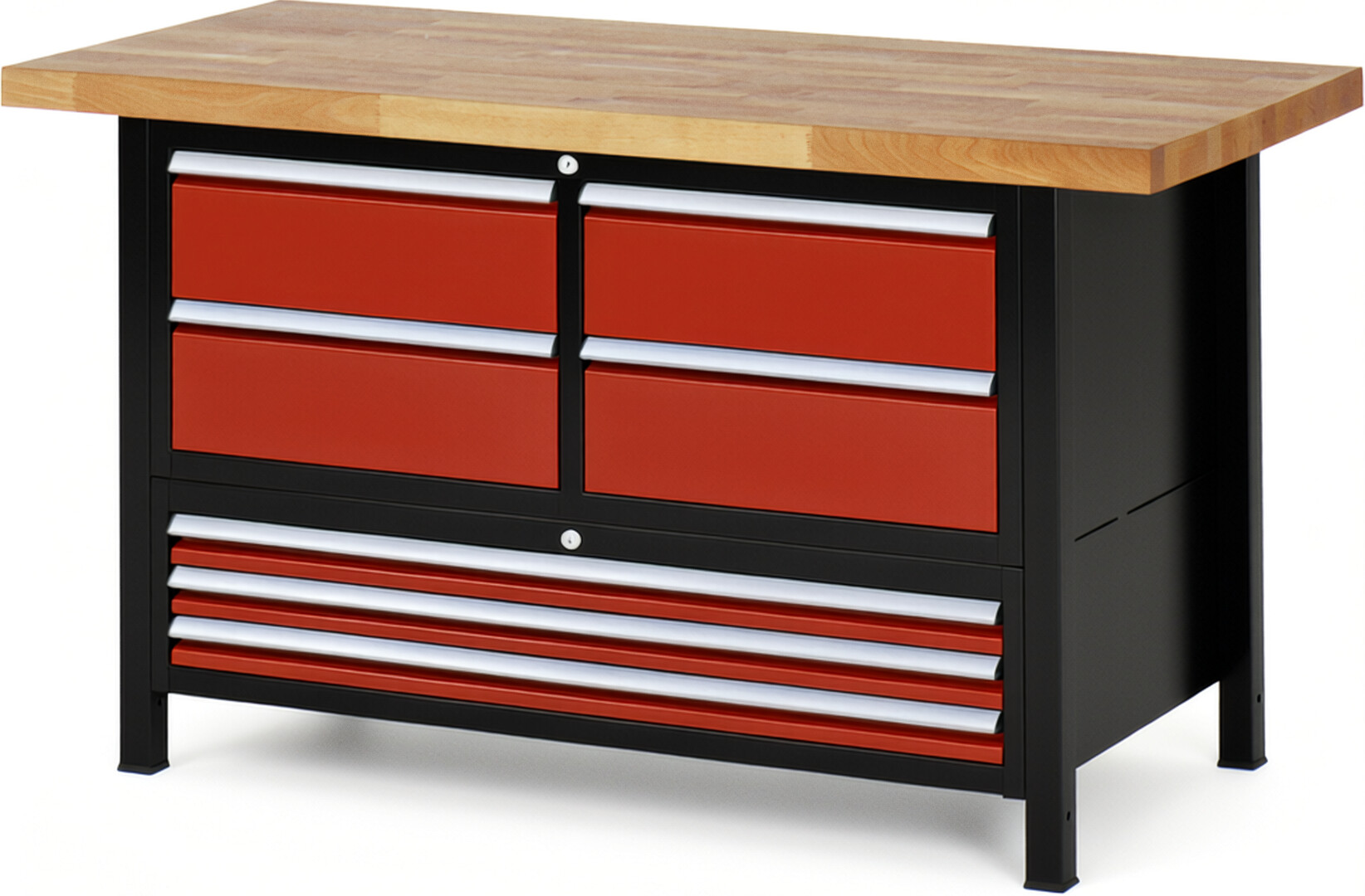 Werkbank Modell 8934 schwarz-rot, BxTxH 1500x700x840 mm,  Buche-Massiv Arbeitsplatte 40 mm,  7 Schubladen mit  Auszug 90 %