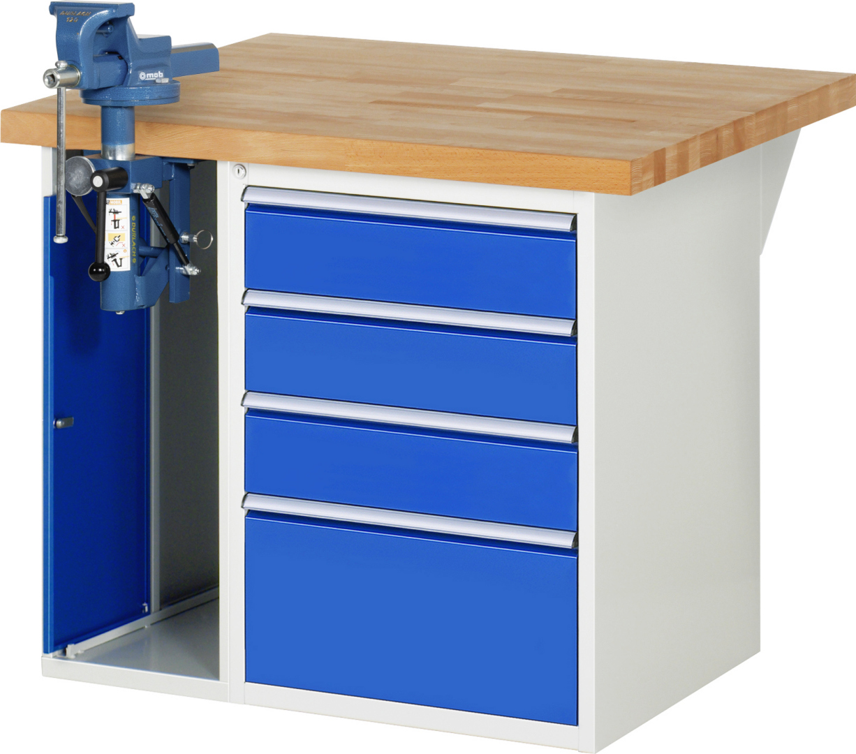 Werkbank Modell 7510 rot - schwarz, BxTxH 1000x900x840 mm,  Buche-Massiv Arbeitsplatte 40 mm,  4 Schubladen mit  Auszug 90 %