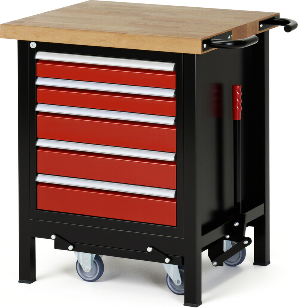 RAU Werkbank schwarz - rot - Breite 75 cm - Tiefe 70 cm - Höhe 88 cm - Buche-Massiv Arbeitsplatte 40 mm