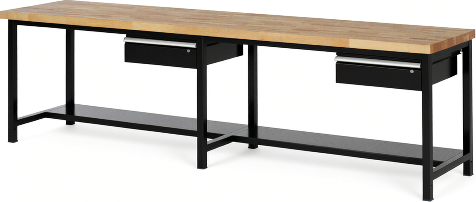 Werkbank Modell 8001 schwarz, BxTxH 3000x700x840 mm,  Buche-Massiv Arbeitsplatte 40 mm,  2 Schubladen mit  Auszug 90 %