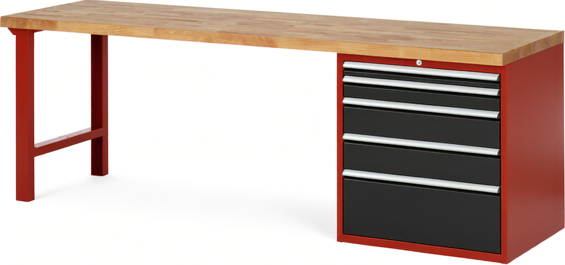 RAU Werkbank rot - schwarz - Breite 250 cm - Tiefe 70 cm - Höhe 84 cm - Buche-Massiv Arbeitsplatte 40 mm