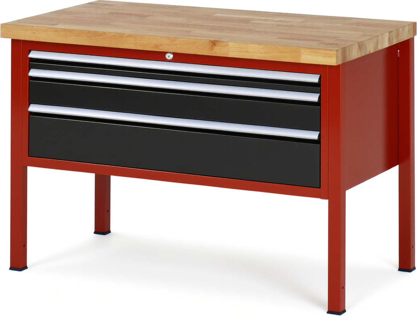 Werkbank Modell 8326 rot - schwarz, BxTxH 1250x700x840 mm,  Buche-Massiv Arbeitsplatte 40 mm,  3 Schubladen mit  Vollauszug 100 % und  SoftClosing