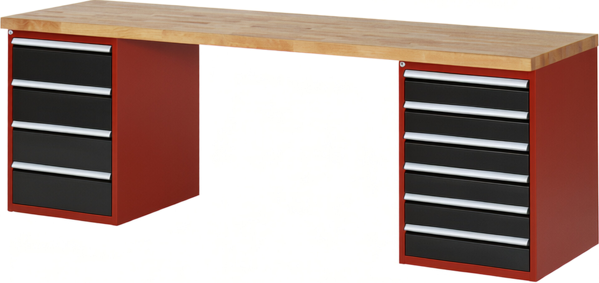 Werkbank Modell 7821 rot - schwarz, BxTxH 2500x700x890 mm,  Buche-Massiv Arbeitsplatte 40 mm,  10 Schubladen mit  Vollauszug 100 % und  SoftClosing