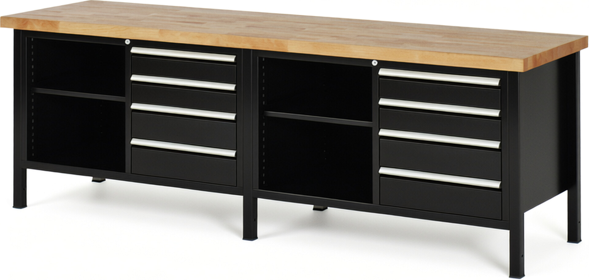 Werkbank Modell 8463 schwarz, BxTxH 2500x700x840-1040 mm,  Buche-Massiv Arbeitsplatte 40 mm,  8 Schubladen mit  Auszug 90 %