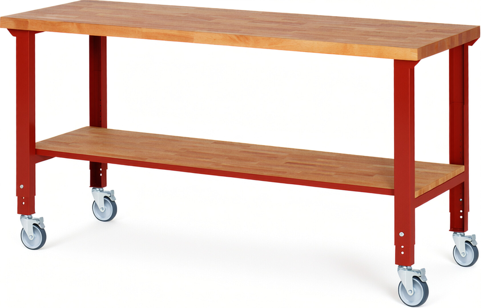Fahrbare Werkbank Modell 7000 rot, BxTxH 2000x700x950-1000 mm,  Buche-Massiv Arbeitsplatte 40 mm