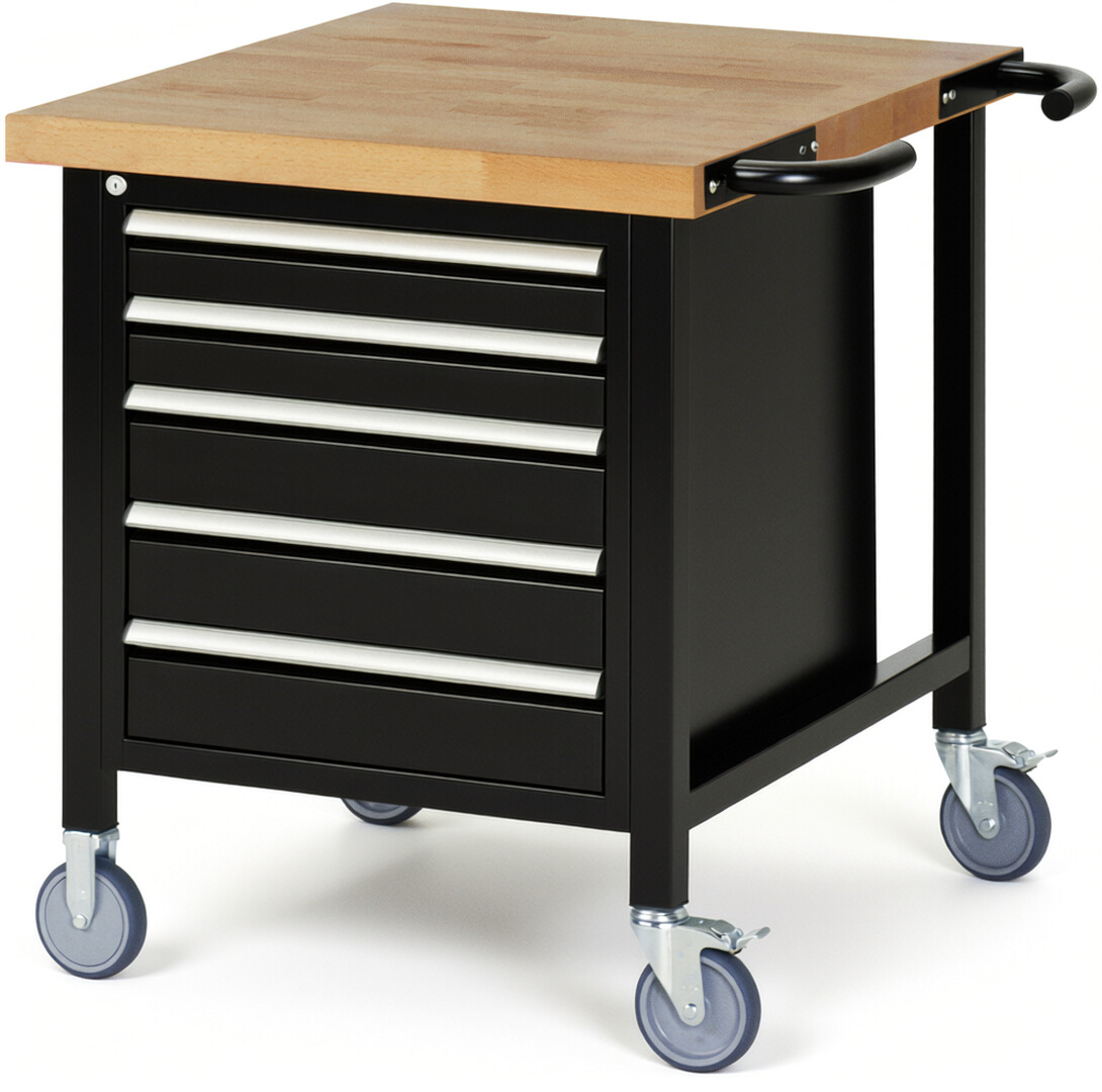 Fahrbare Werkbank Modell 8171 schwarz, BxTxH 750x900x880-1080 mm,  Buche-Massiv Arbeitsplatte 40 mm,  5 Schubladen mit  Vollauszug 100 % und  SoftClosing