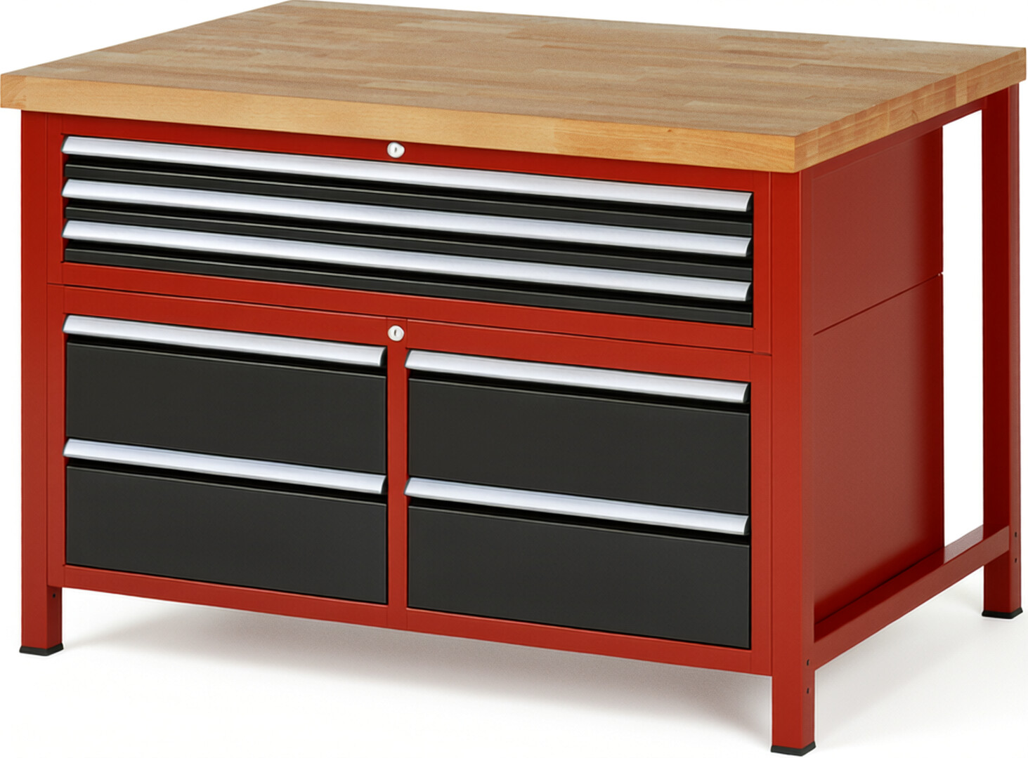Werkbank Modell 8924 rot - schwarz, BxTxH 1250x900x840 mm,  Buche-Massiv Arbeitsplatte 40 mm,  7 Schubladen mit  Auszug 90 %