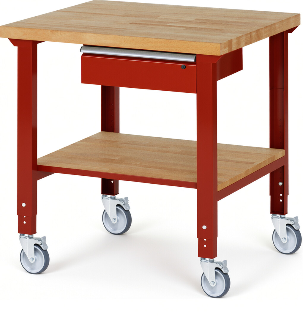 Fahrbare Werkbank Modell 7001 rot, BxTxH 1000x900x950-1000 mm,  Buche-Massiv Arbeitsplatte 40 mm,  1 Schublade mit  Auszug 90 %