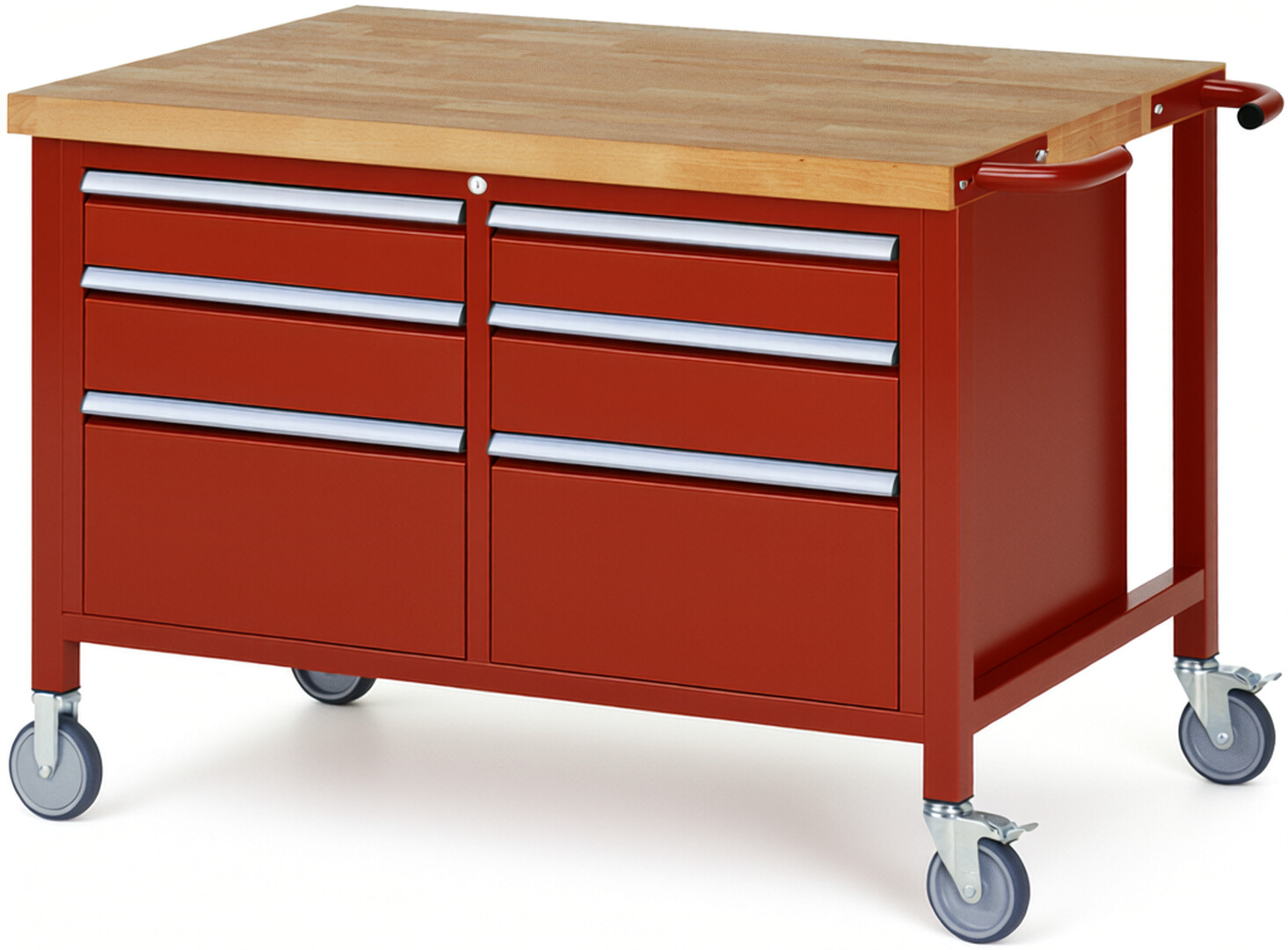 Fahrbare Werkbank Modell 8475 rot, BxTxH 1250x900x880 mm,  Buche-Massiv Arbeitsplatte 40 mm,  6 Schubladen mit  Auszug 90 %