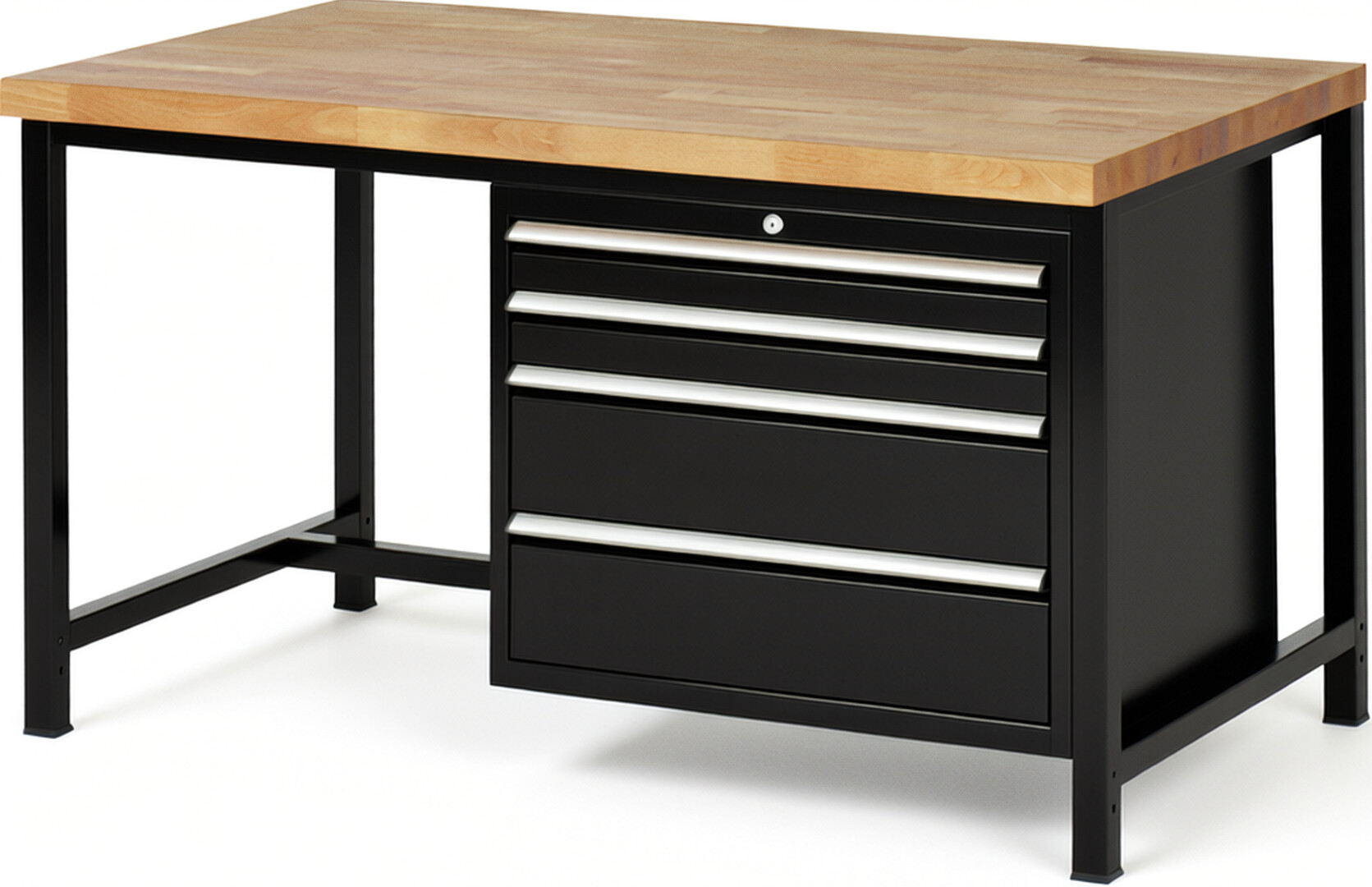 RAU Werkbank schwarz - Breite 150 cm - Tiefe 90 cm - Höhe 104 cm - Buche-Massiv Arbeitsplatte 40 mm