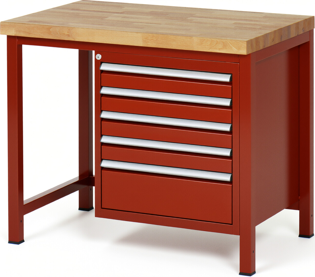 Werkbank Modell 8168 rot, BxTxH 1000x700x840 mm,  Buche-Massiv Arbeitsplatte 40 mm,  5 Schubladen mit  Vollauszug 100 % und  SoftClosing