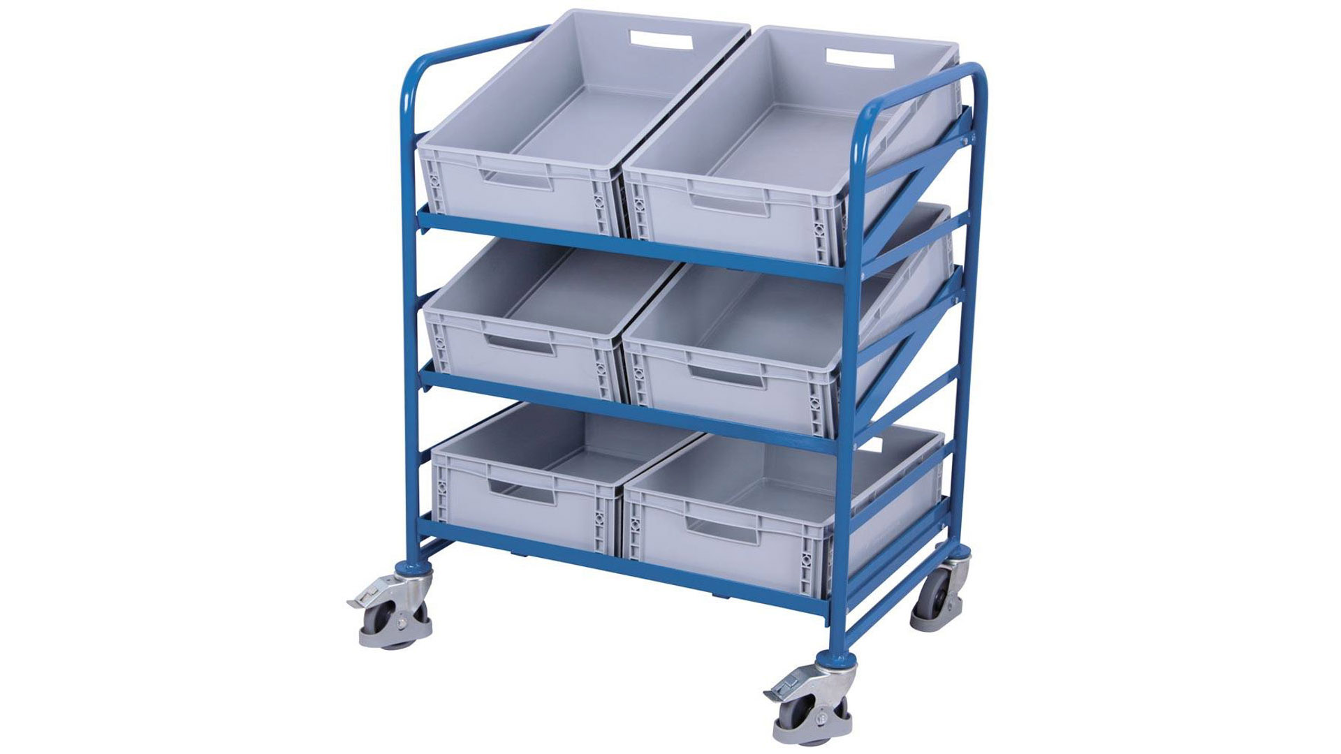 Eurokastenwagen mit 6 Kunststoff-Kästen - 3 Etagen - Ladefläche 825 x 610 mm - Traglast 200 kg - enzianblau