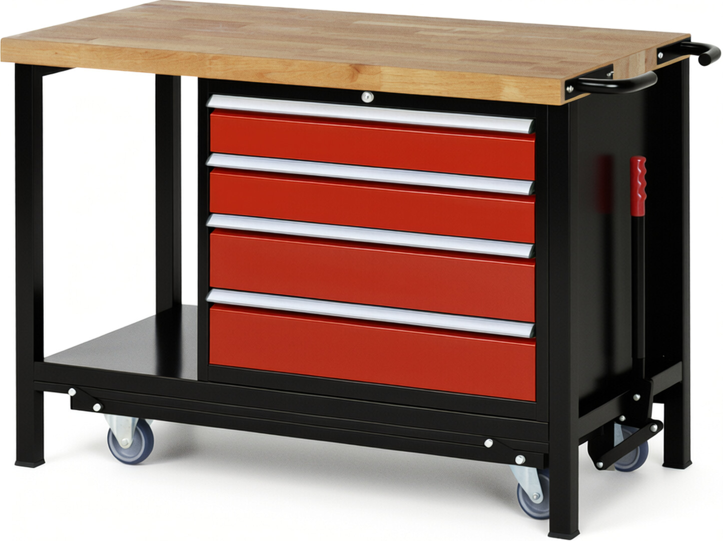 RAU Werkbank schwarz - rot - Breite 125 cm - Tiefe 70 cm - Höhe 88 cm - Buche-Massiv Arbeitsplatte 40 mm