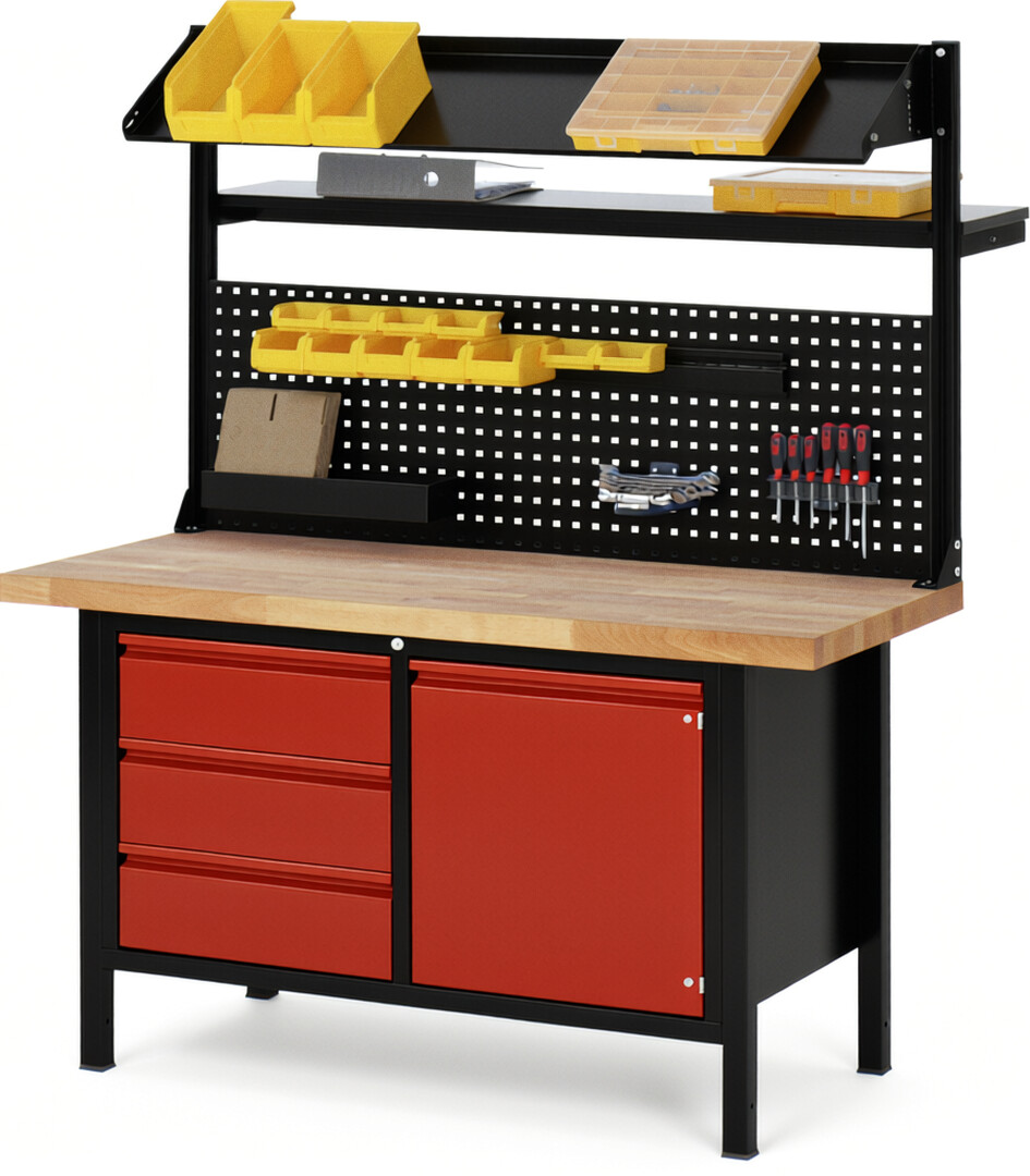 Werkbank - Modell 8468 BASIC schwarz-rot, BxTxH 1500x700x840 mm,  Buche-Massiv Arbeitsplatte 40 mm,  3 Schubladen mit  Auszug 90 %