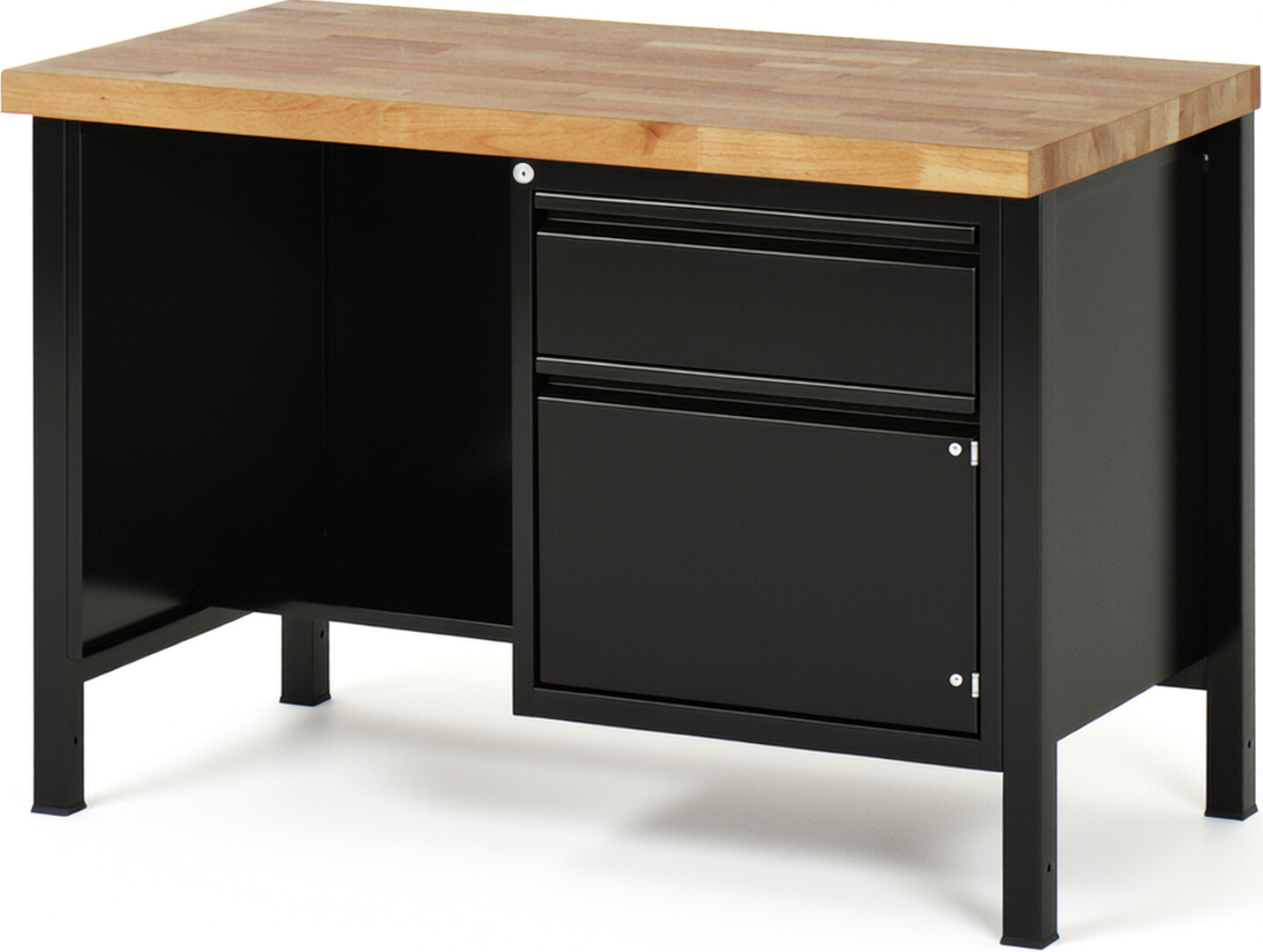 Werkbank - Modell 8455 BASIC schwarz, BxTxH 1250x700x840 mm,  Buche-Massiv Arbeitsplatte 40 mm,  1 Schublade mit  Auszug 90 %
