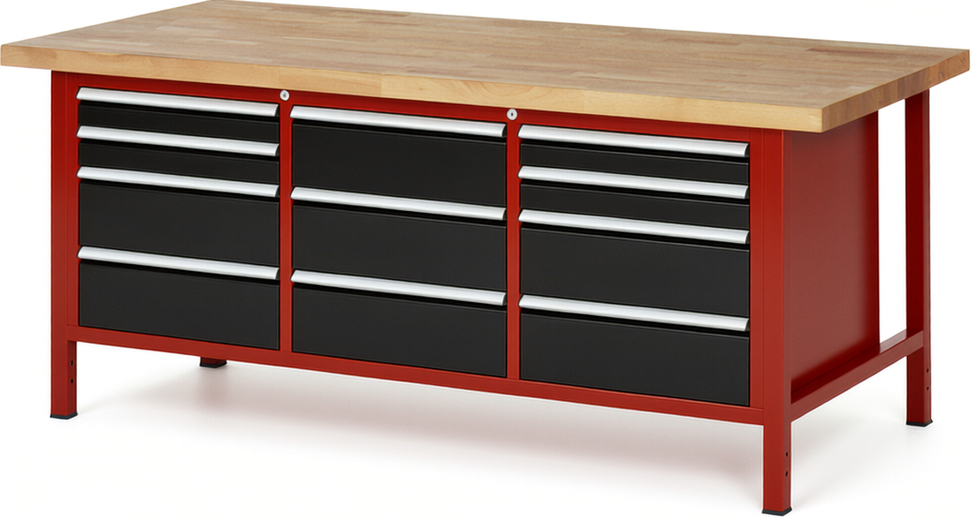 RAU Werkbank rot - schwarz - Breite 200 cm - Tiefe 90 cm - Höhe 84 cm - Buche-Massiv Arbeitsplatte 40 mm