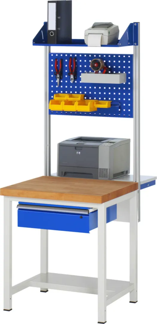 Werkbank Modell 8001 rot - schwarz, BxTxH 750x700x840-1040 mm,  Buche-Massiv Arbeitsplatte 40 mm,  1 Schublade mit  Auszug 90 %