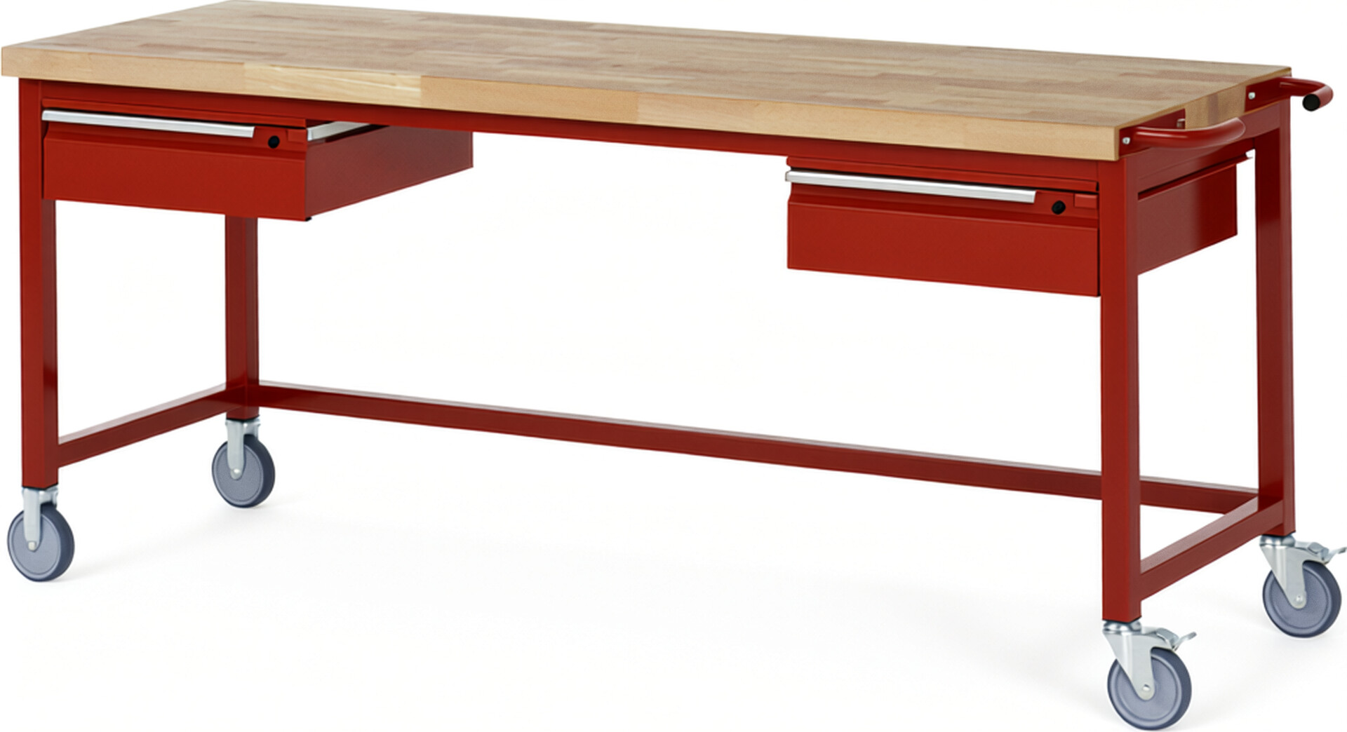 Fahrbare Werkbank - Modell 8002 BASIC rot, BxTxH 2000x700x880 mm,  Buche-Massiv Arbeitsplatte 40 mm,  2 Schubladen mit  Auszug 90 %