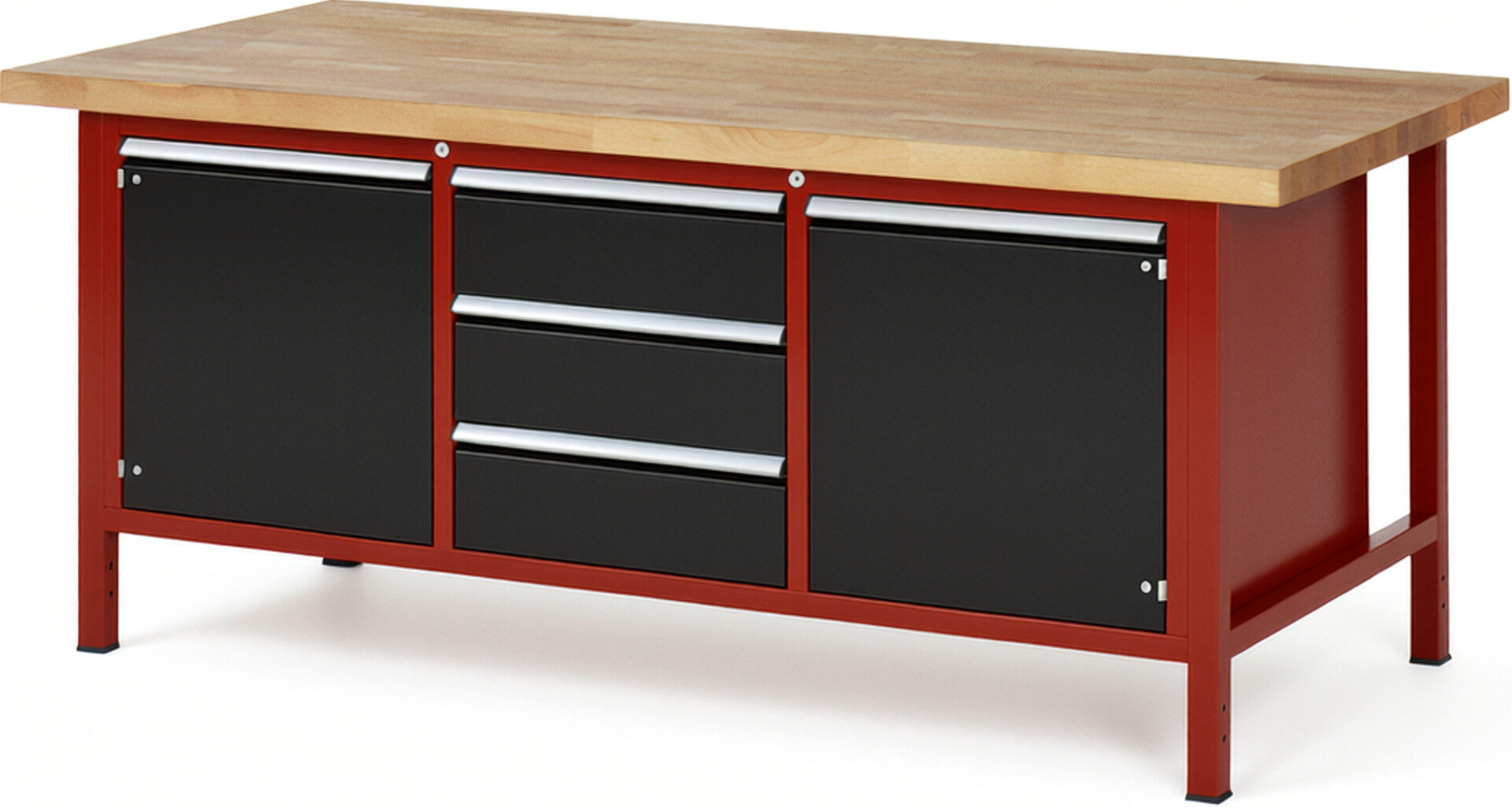 Werkbank Modell 8569 rot - schwarz, BxTxH 2000x900x840-1040 mm,  Buche-Massiv Arbeitsplatte 40 mm,  3 Schubladen mit  Auszug 90 %