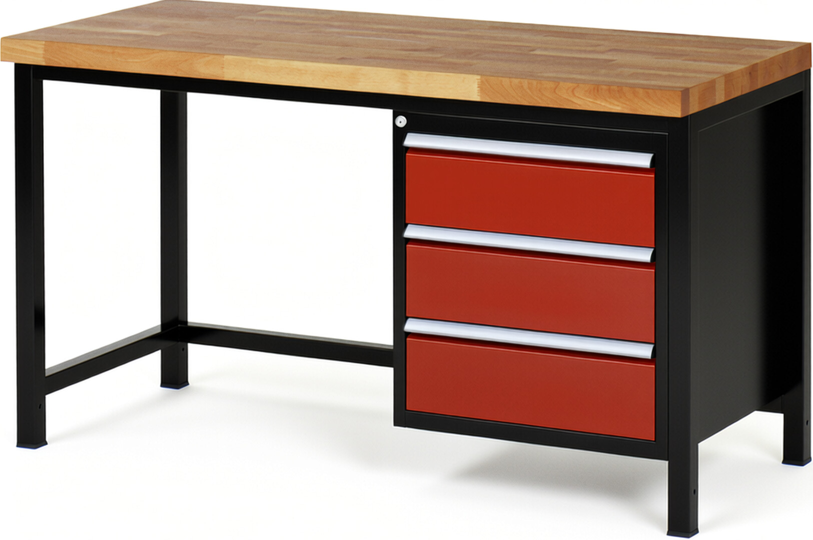 RAU Werkbank schwarz - rot - Breite 150 cm - Tiefe 70 cm - Höhe 104 cm - Buche-Massiv Arbeitsplatte 40 mm