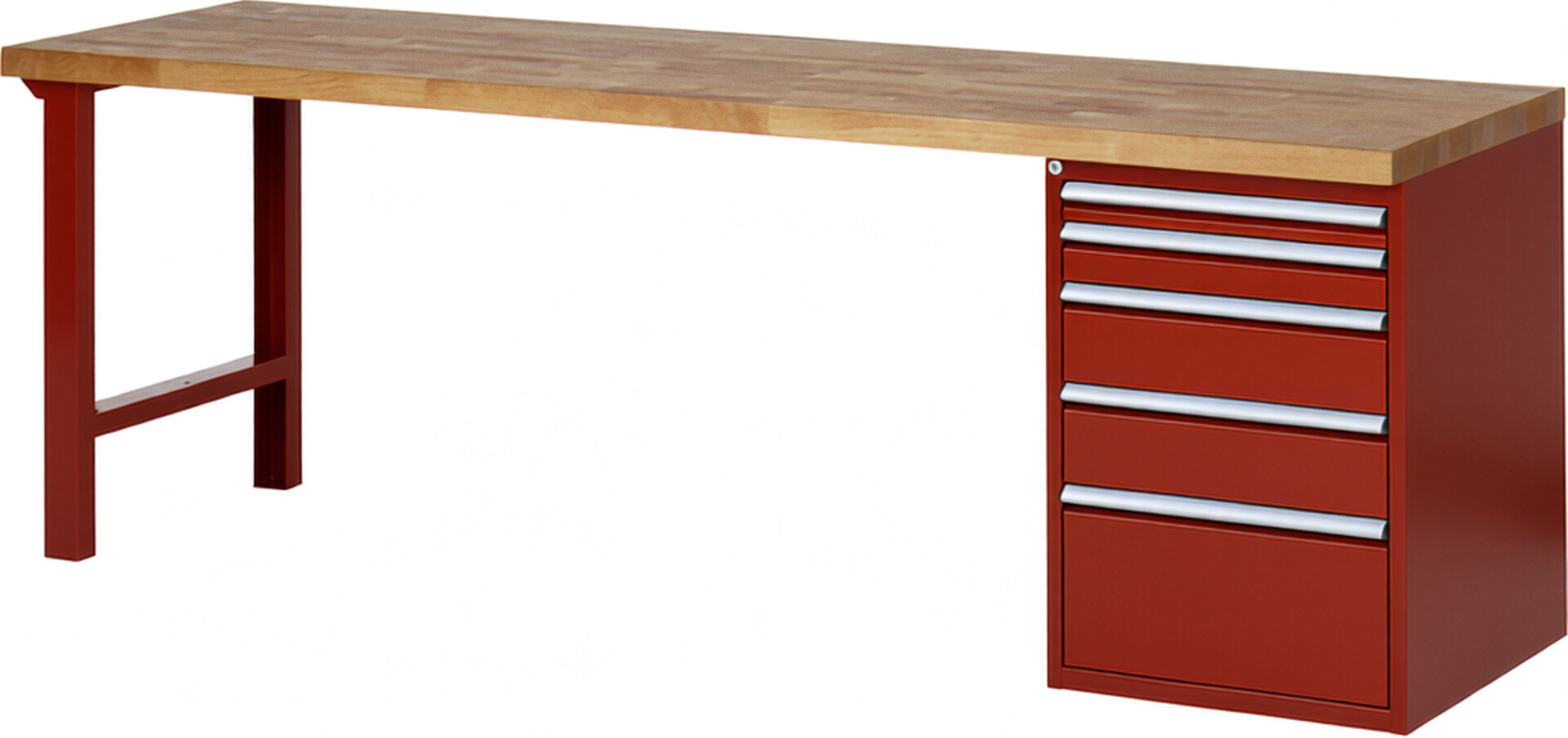 RAU Werkbank rot - Breite 250 cm - Tiefe 70 cm - Höhe 84 cm - Buche-Massiv Arbeitsplatte 40 mm