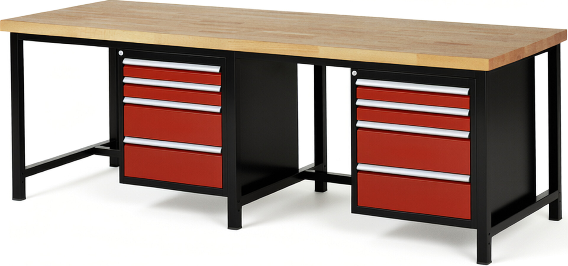 RAU Werkbank schwarz - rot - Breite 250 cm - Tiefe 90 cm - Höhe 104 cm - Buche-Massiv Arbeitsplatte 40 mm