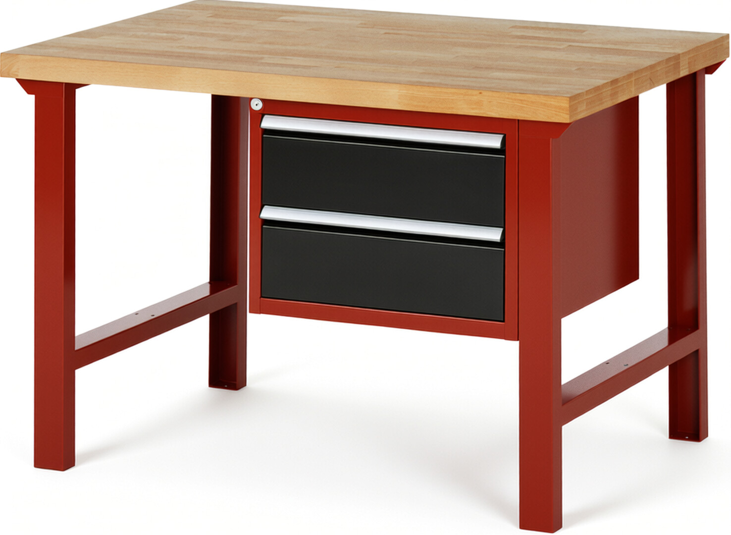 Werkbank Modell 7125 rot - schwarz, BxTxH 1250x900x840 mm,  Buche-Massiv Arbeitsplatte 40 mm,  2 Schubladen mit  Vollauszug 100 % und  SoftClosing