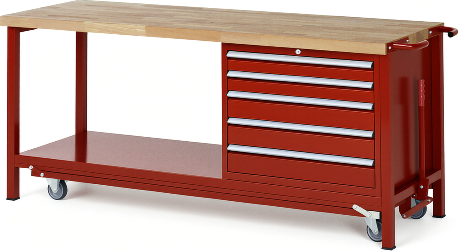 Absenkbare Werkbank Modell 8271 rot, BxTxH 2000x700x880 mm,  Buche-Massiv Arbeitsplatte 40 mm,  5 Schubladen mit  Auszug 90 %