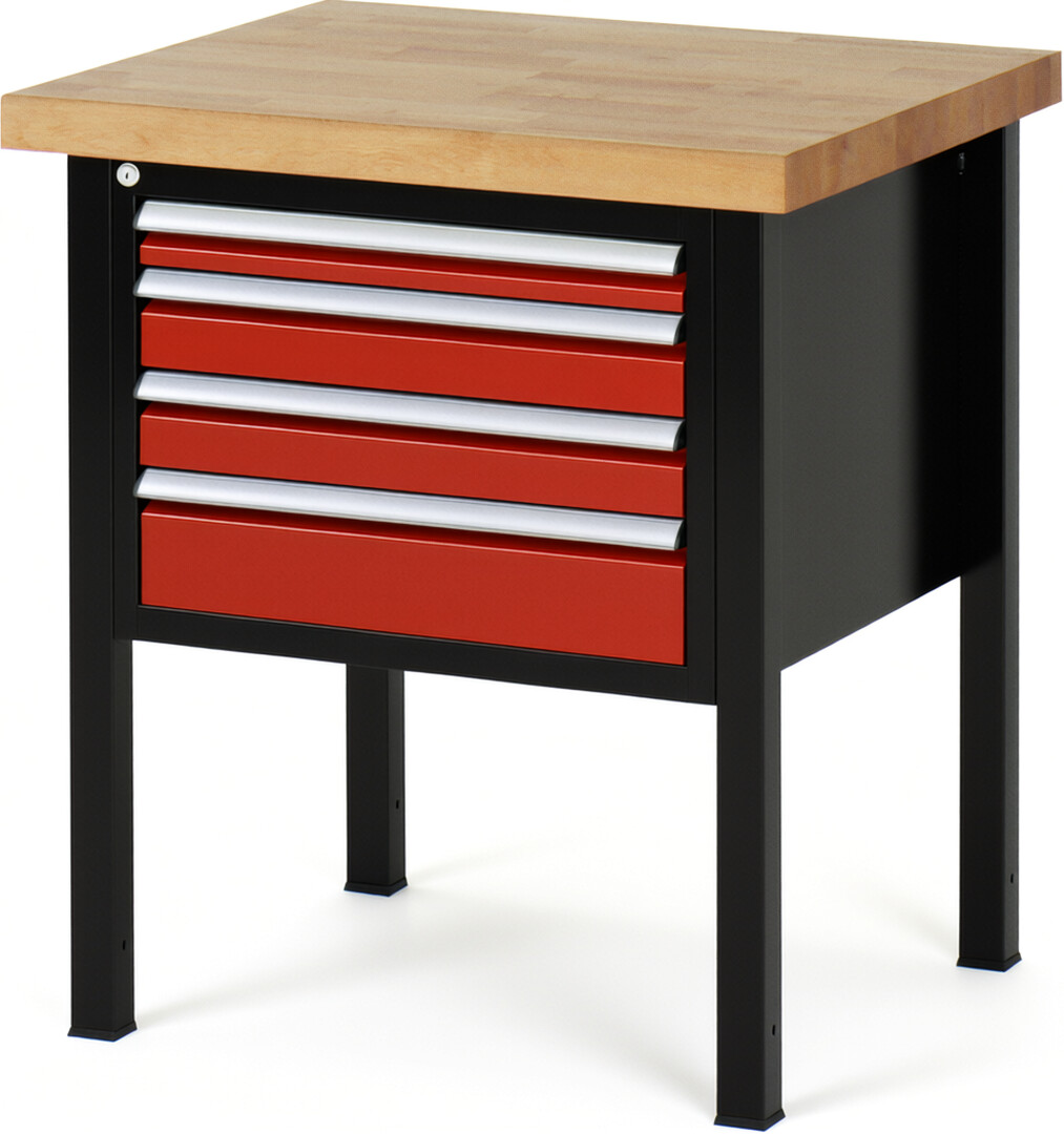 Werkbank Modell 8132 schwarz-rot, BxTxH 750x700x840-1040 mm,  Buche-Massiv Arbeitsplatte 40 mm,  4 Schubladen mit  Vollauszug 100 % und  SoftClosing