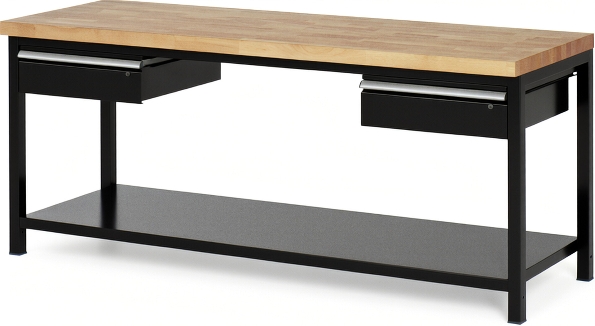 Werkbank Modell 8002 schwarz, BxTxH 2000x700x840 mm,  Buche-Massiv Arbeitsplatte 40 mm,  2 Schubladen mit  Auszug 90 %