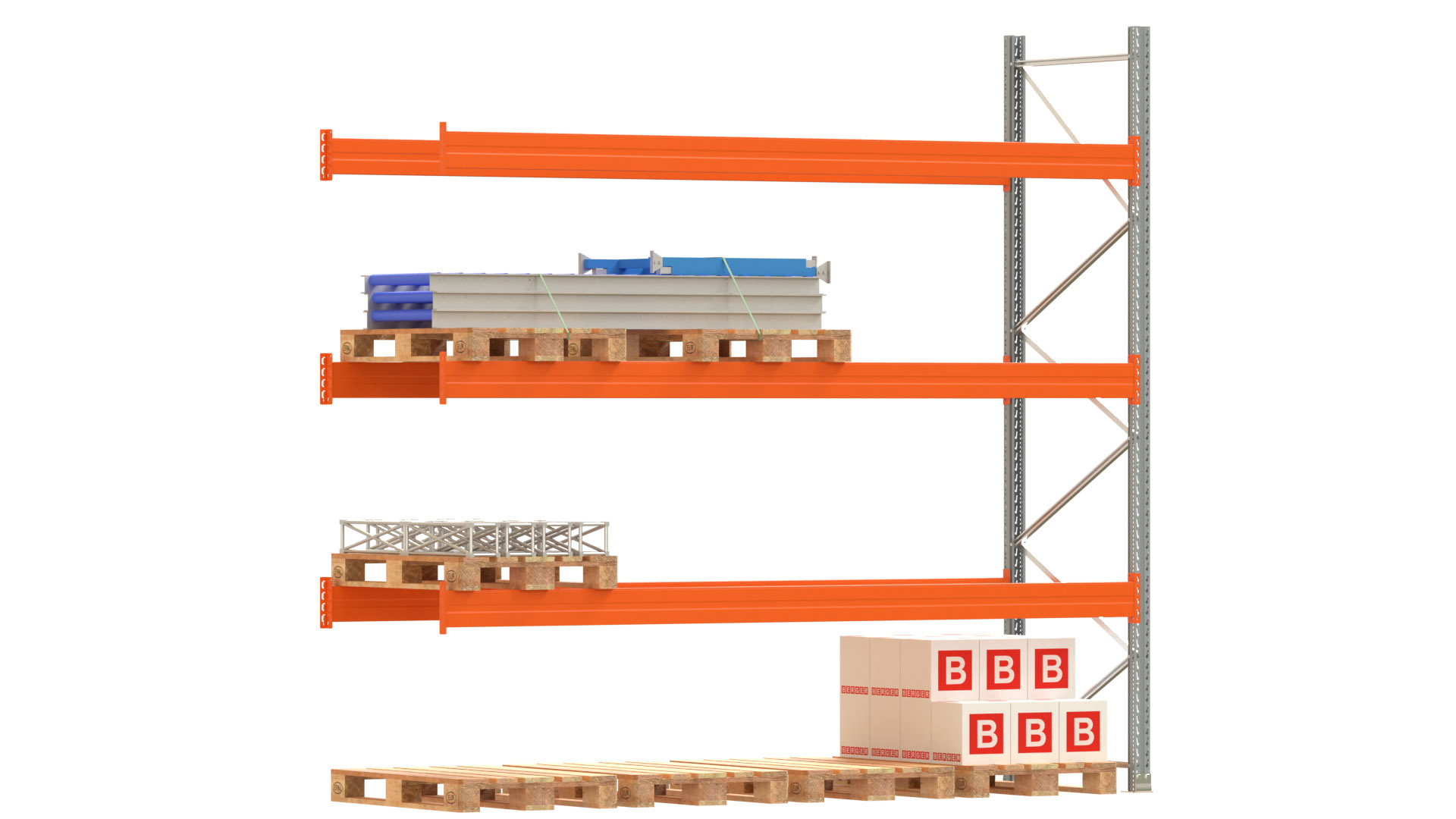 Palettenregal ARTUS - Anbaufeld - Breite 368,5 cm - Höhe 350 cm - Tiefe 110 cm - 3 Träger Ebenen