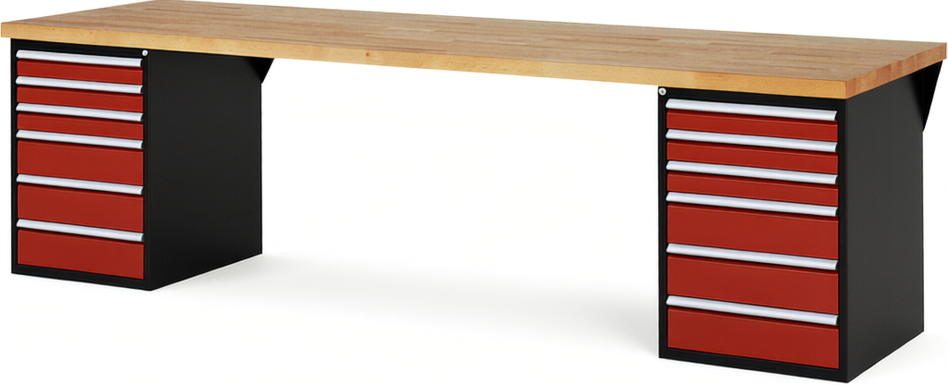 RAU Werkbank schwarz - rot - Breite 300 cm - Tiefe 90 cm - Höhe 84 cm - Buche-Massiv Arbeitsplatte 40 mm