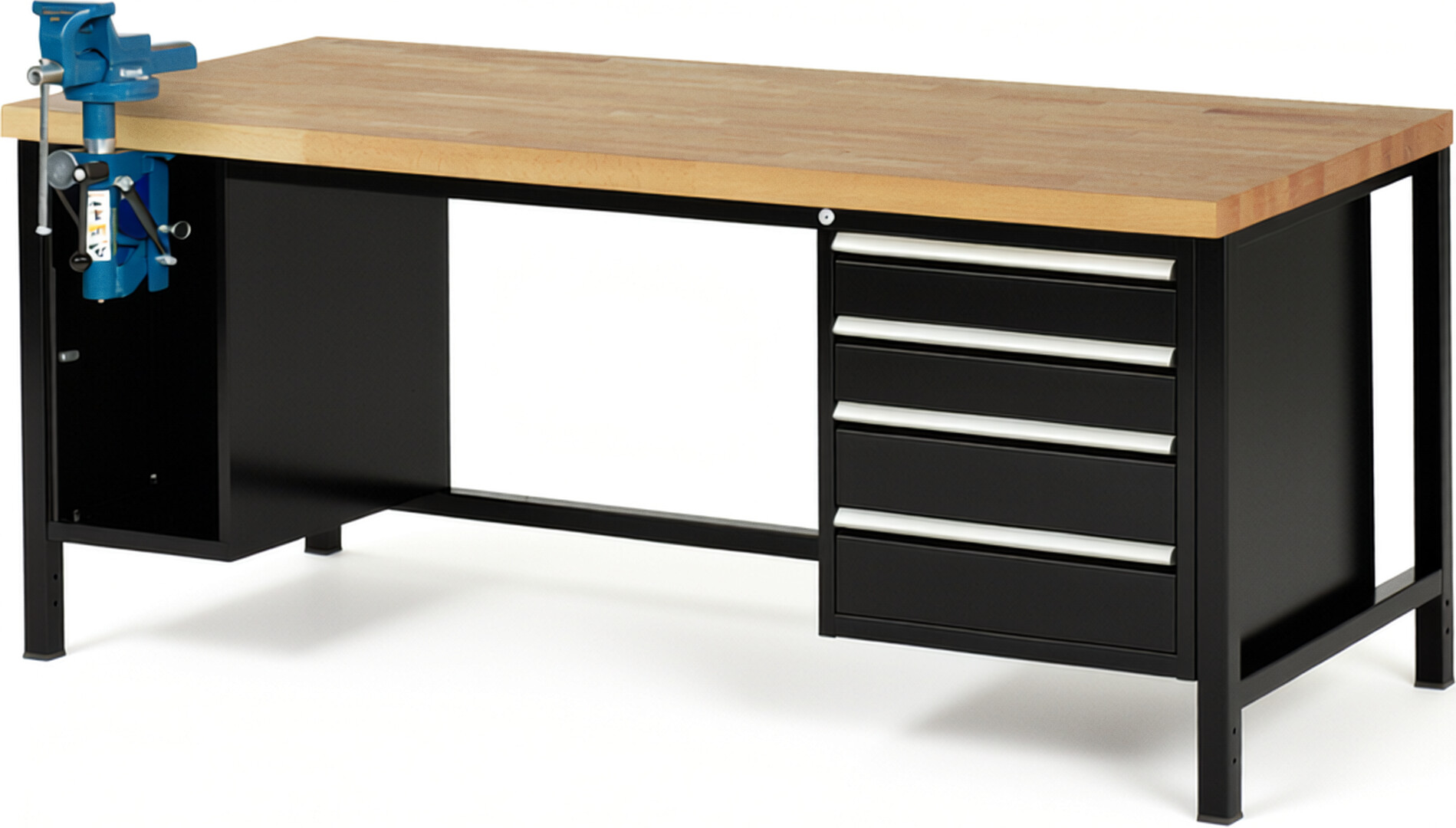 RAU Werkbank schwarz - Breite 200 cm - Tiefe 90 cm - Höhe 104 cm - Buche-Massiv Arbeitsplatte 40 mm