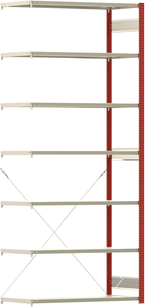 Fachbodenregal mit Tiefenriegel - 150 kg - (HxBxT) 3.000 x 1.285 x 600 mm - Anbauregal - Rahmen feuerrot - Böden verzinkt