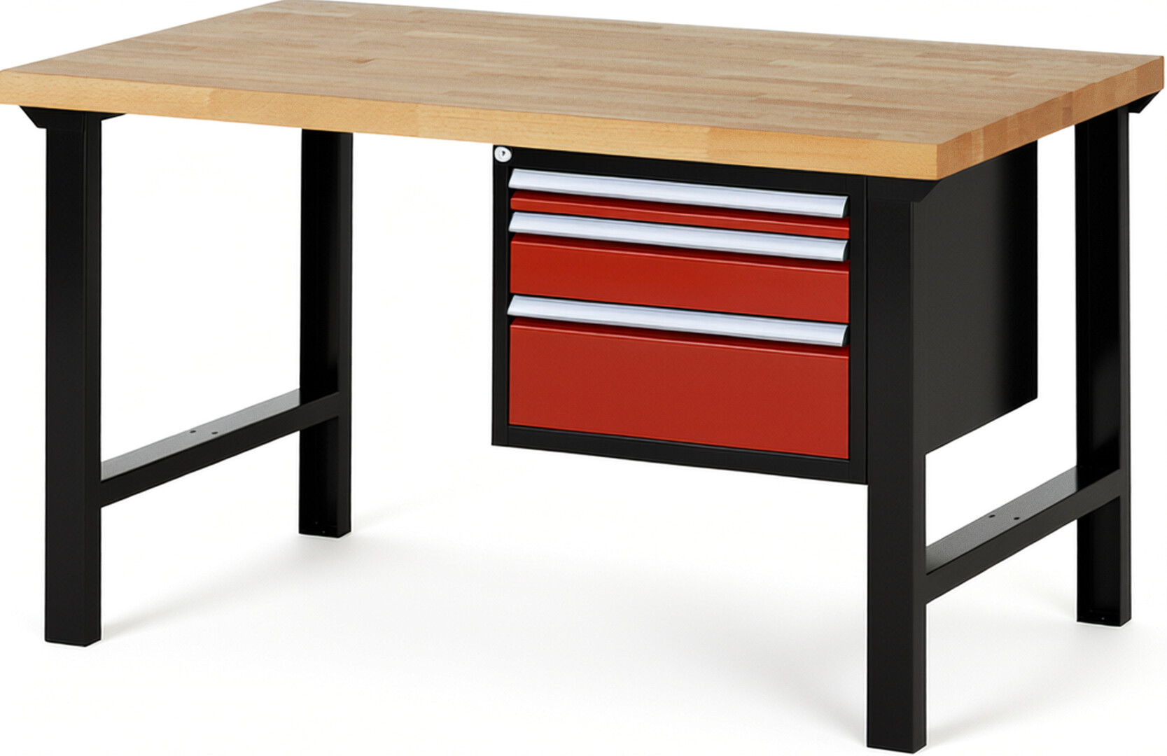 RAU Werkbank schwarz - rot - Breite 150 cm - Tiefe 90 cm - Höhe 84 cm - Buche-Massiv Arbeitsplatte 40 mm