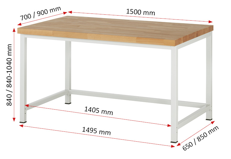 Werkbank Modell 8000,  BxTxH 1500x900x840-1040 mm,  Buche-Massiv Arbeitsplatte 40 mm