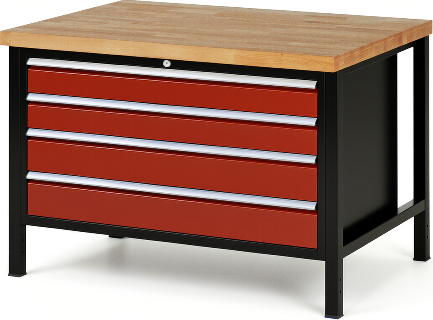 RAU Werkbank schwarz - rot - Breite 125 cm - Tiefe 90 cm - Höhe 104 cm - Buche-Massiv Arbeitsplatte 40 mm