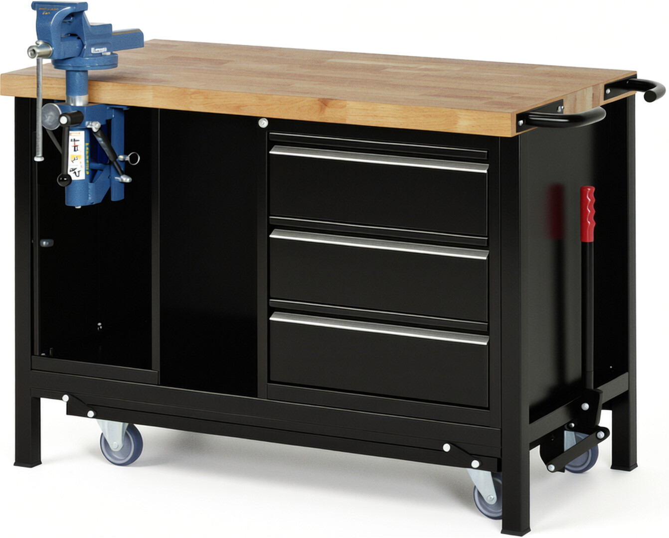 Absenkbare Werkbank - Modell 8183 BASIC schwarz, BxTxH 1250x700x880 mm,  Buche-Massiv Arbeitsplatte 40 mm,  3 Schubladen mit  Auszug 90 %