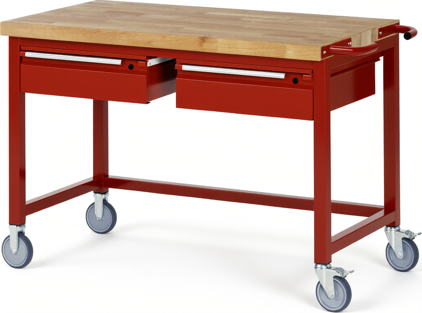 Fahrbare Werkbank - Modell 8002 BASIC rot, BxTxH 1250x700x880 mm,  Buche-Massiv Arbeitsplatte 40 mm,  2 Schubladen mit  Auszug 90 %