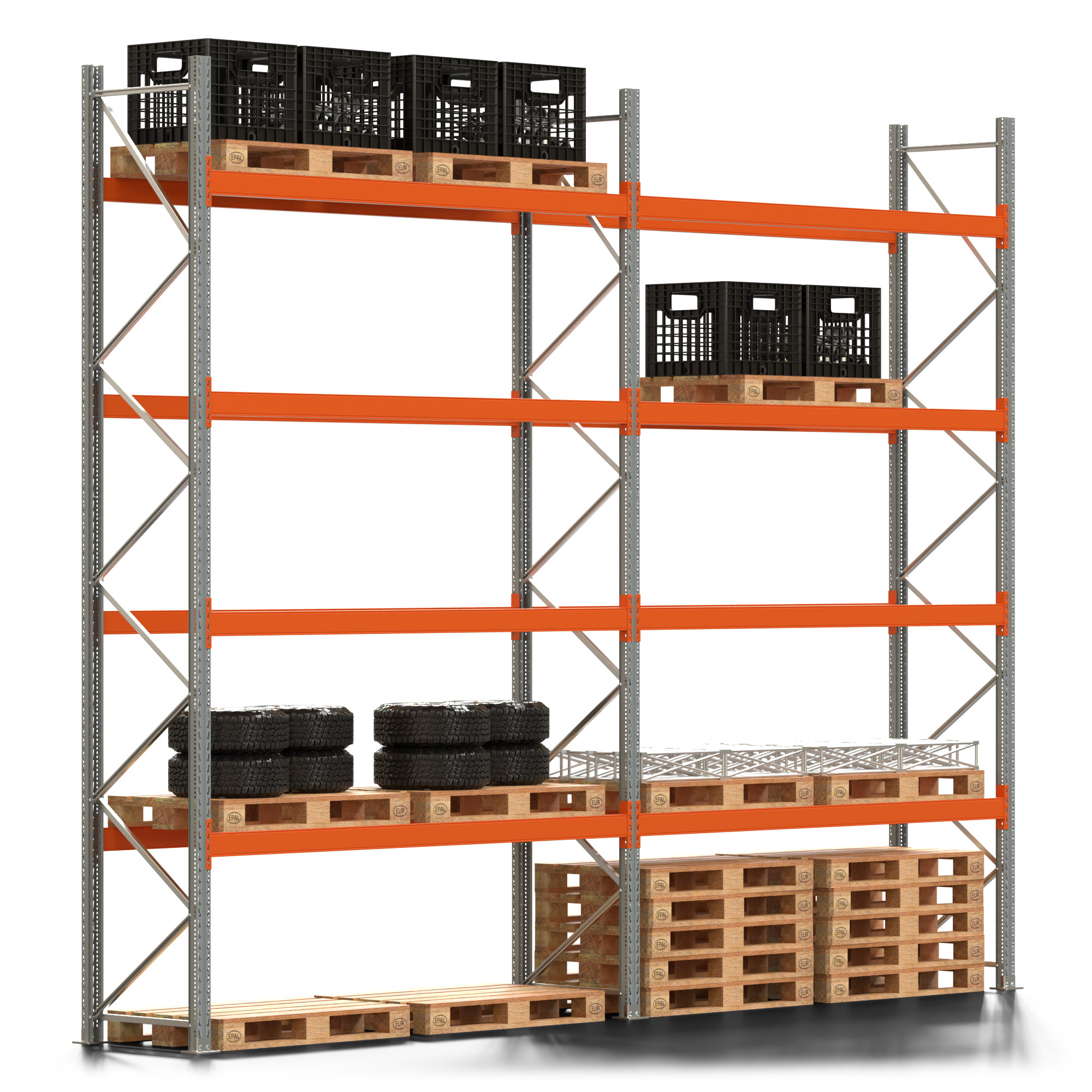 Palettenregal ARTUS - Breite 565,5 cm - Höhe 450 cm - Tiefe 80 cm - 4 Träger-Ebenen - Fachlast 2000 kg - 20 Palettenstellplätze
