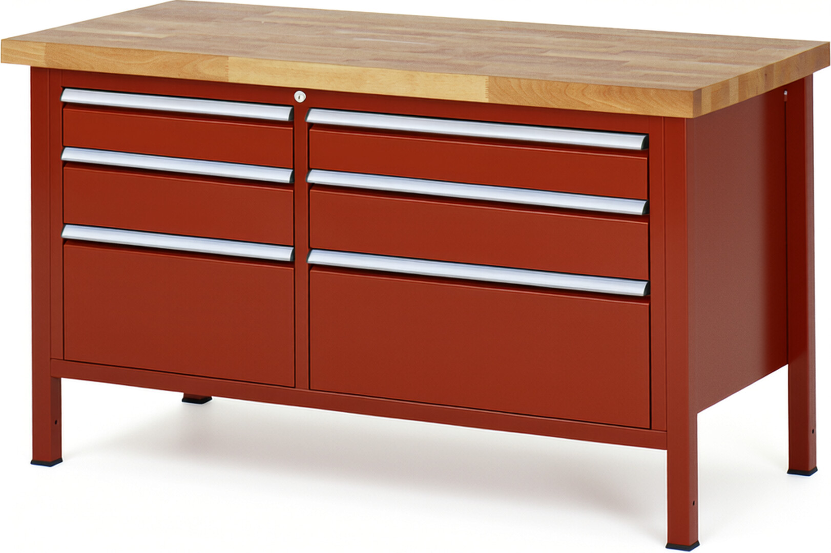 Werkbank Modell 8652 rot, BxTxH 1500x700x840 mm,  Buche-Massiv Arbeitsplatte 40 mm,  6 Schubladen mit  Vollauszug 100 % und  SoftClosing